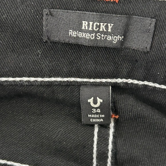 True Religion Ricky Relaxed Straight Jeans Mens 34x34 Black Contrast Stitch - Picture 6 of 15